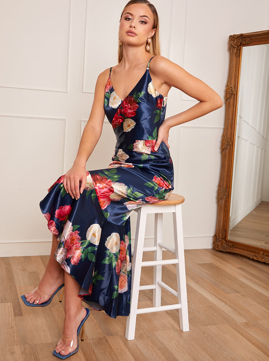 Chi Chi London Women's Petite Sleeveless Floral Print Ruffle Hem Midi Dress in Navy | Size: 6 Chi Chi London Women's Petite Sleeveless Floral Print Ruffle Hem Midi Dress in Navy | Size: 6
