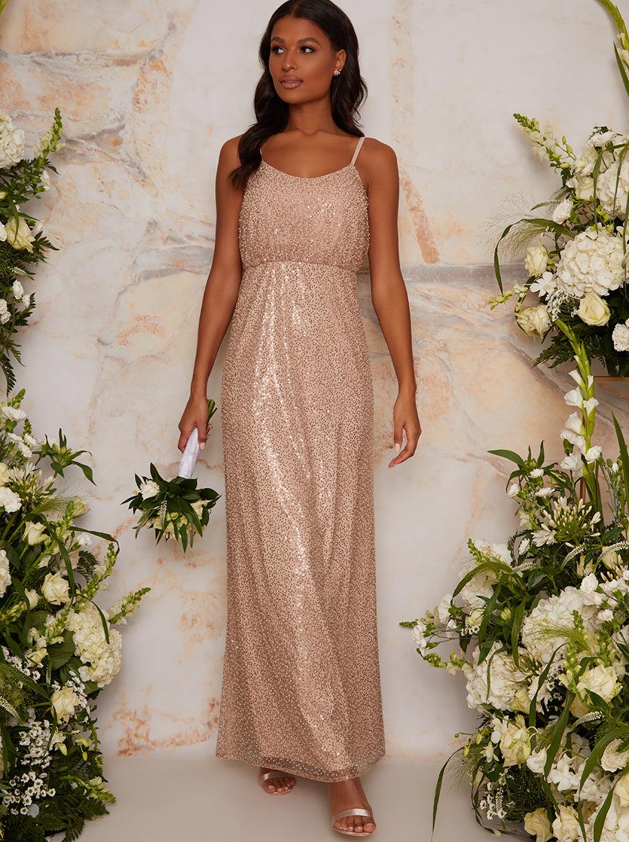 slim fit dress slacks Sequinned Cami Strap Maxi Dress In Champagne