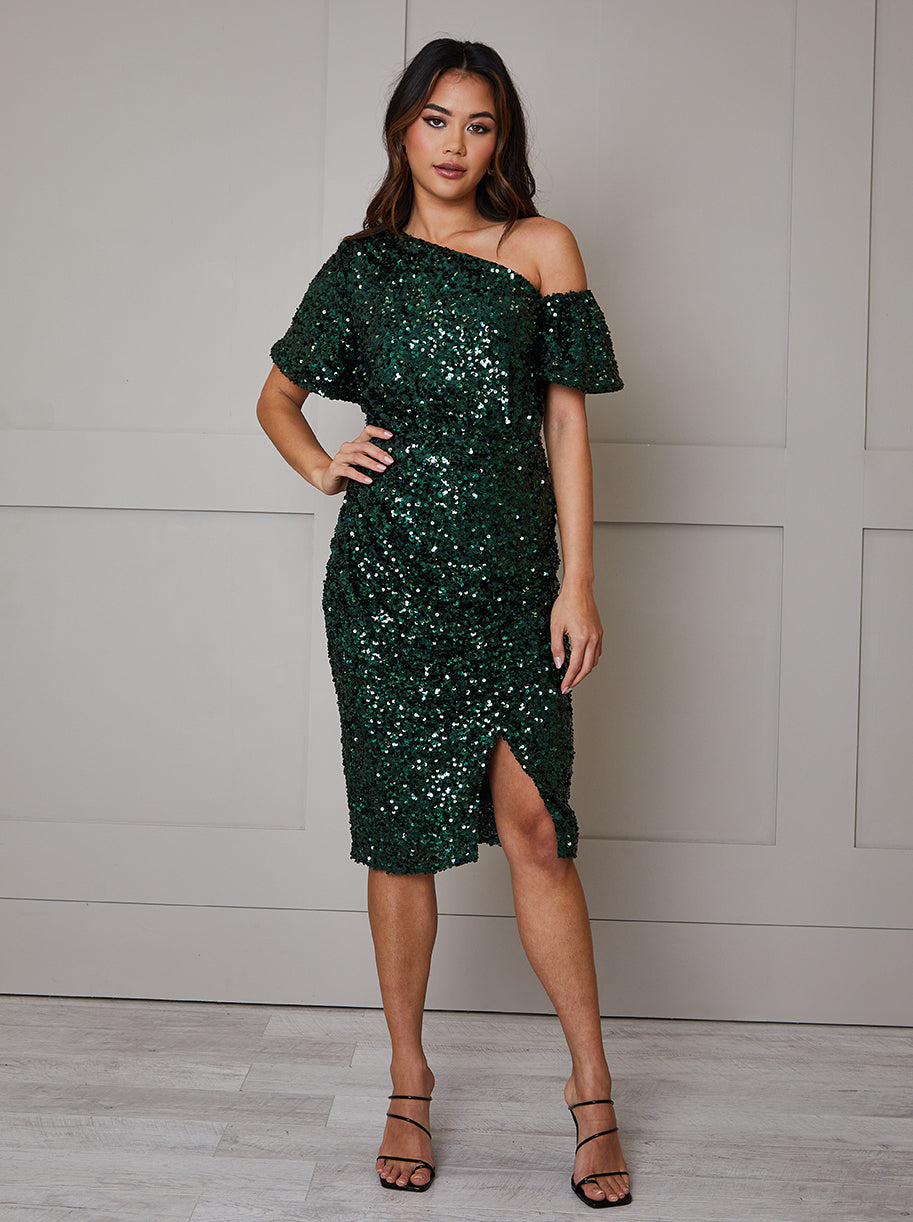 Plus Size One Shoulder Ruched Sequin Midi Dress in Green | Chi Chi London UK Plus Size One Shoulder Ruched Sequin Midi Dress in Green | Chi Chi London UK