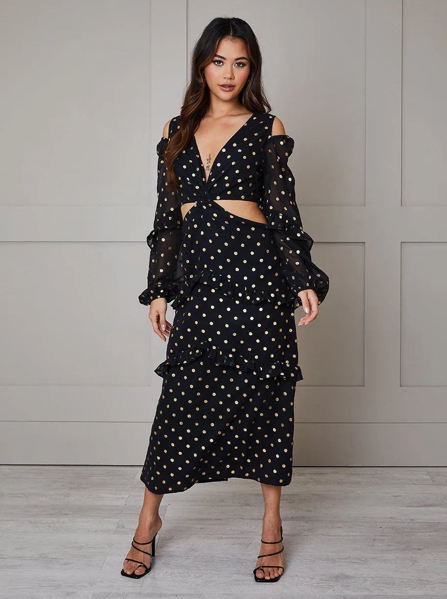 Chi Chi London Ruffle Foil Spot Cutout Maxi Dress, Black/Gold Size: 16