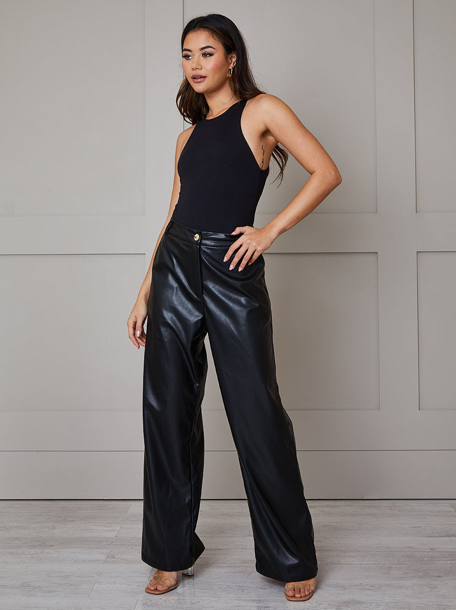 wide leg black leather jeans womens