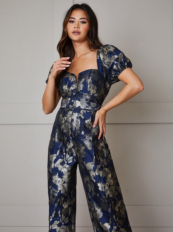 Puff Sleeve Jacquard Wide Leg Jumpsuit in Navy