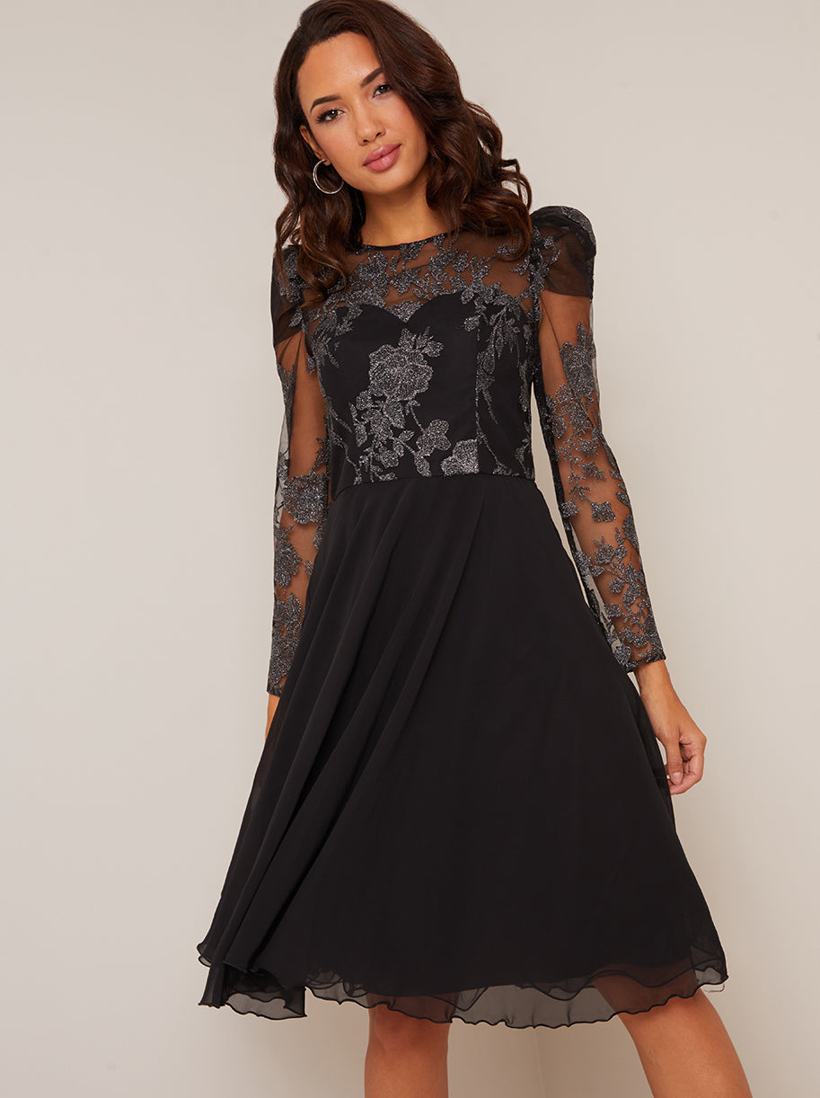 Long Sleeve Embroidered Midi Dress in Black | Chi Chi London UK Long Sleeve Embroidered Midi Dress in Black | Chi Chi London UK