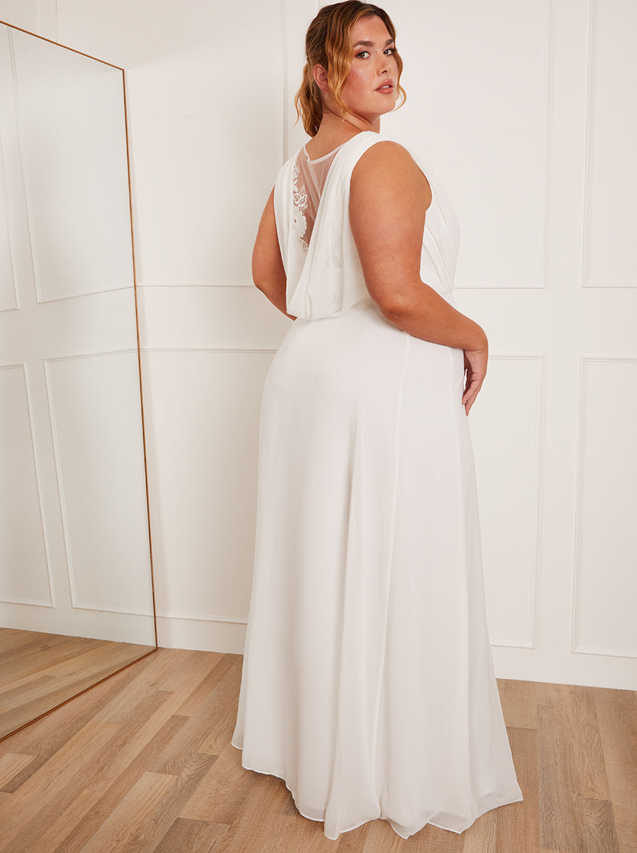 Plus Size V Neck Drape Maxi Wedding Dress in White | Chi Chi London UK