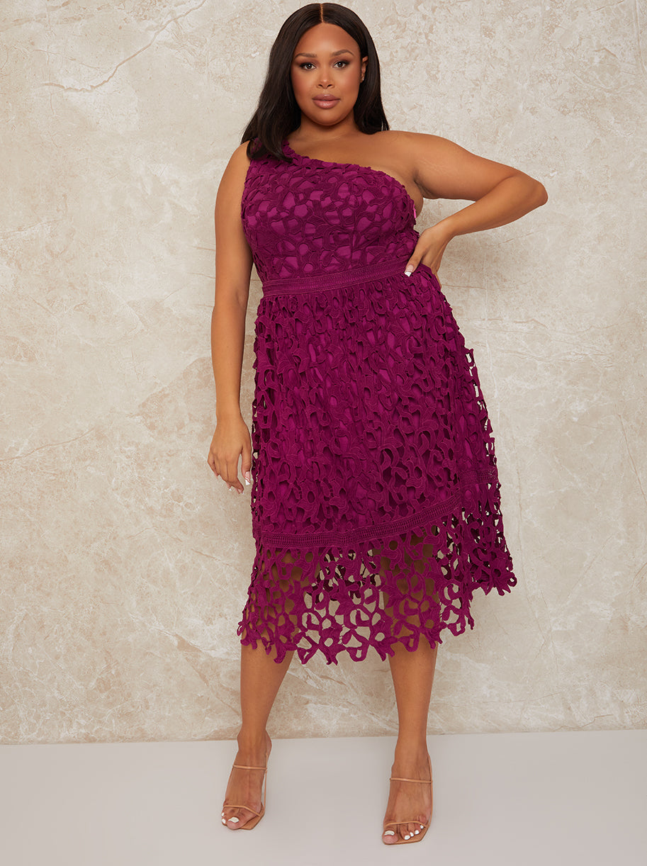 Plus Size One Shoulder Premium Lace Midi Dress in Purple