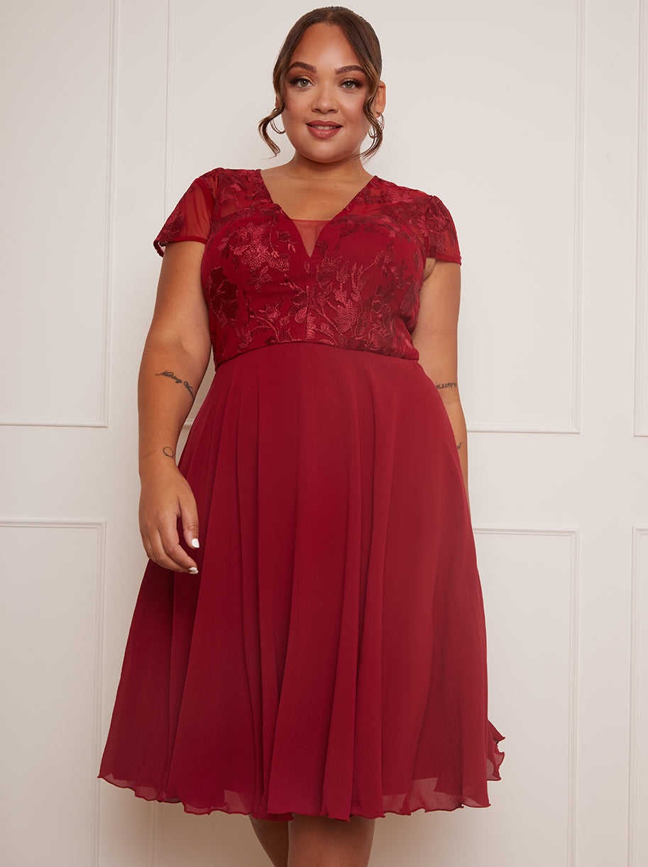 Plus Size V Neck Embroidered Midi Dress in Red | Chi Chi London UK Plus Size V Neck Embroidered Midi Dress in Red | Chi Chi London UK