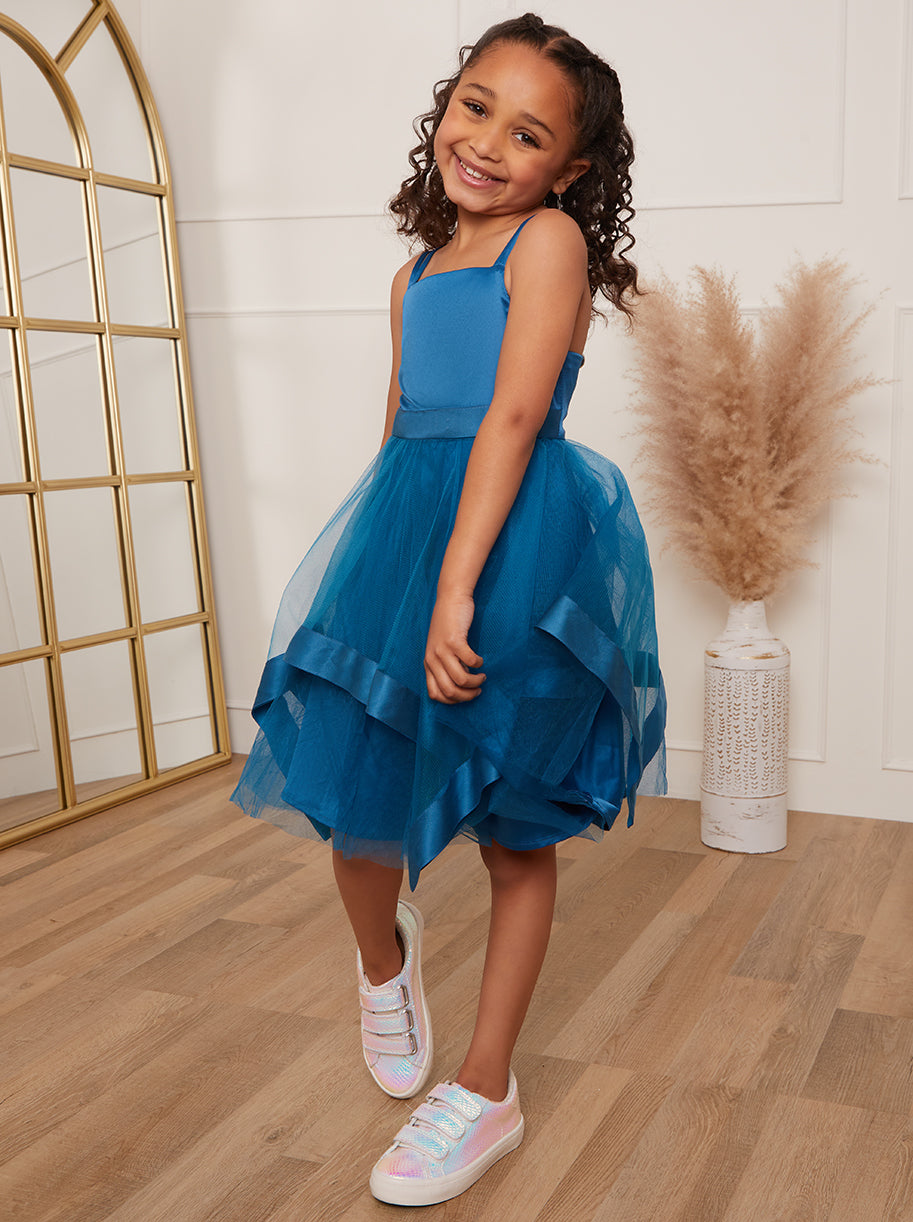 Younger Girls Embellished Tulle Layered Midi Dress in Teal Younger Girls Embellished Tulle Layered Midi Dress in Teal