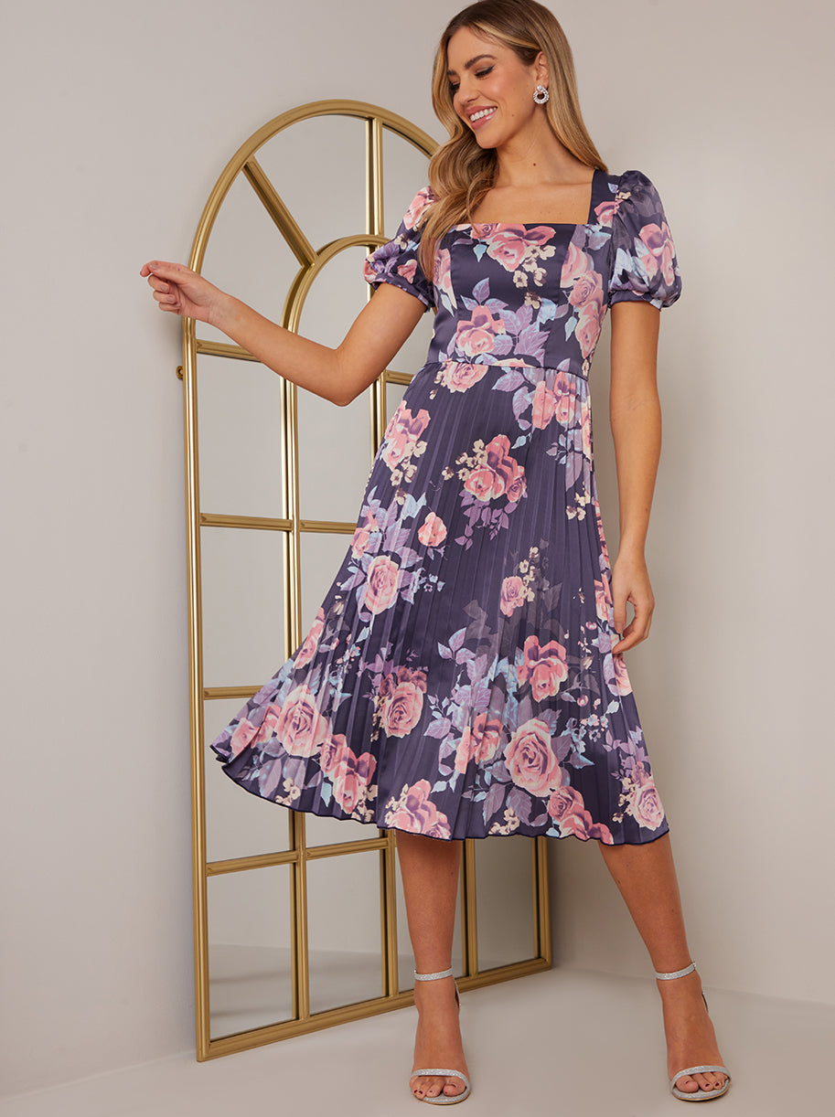 Floral Print Pleated Midi Skater Dress in Navy | Chi Chi London UK