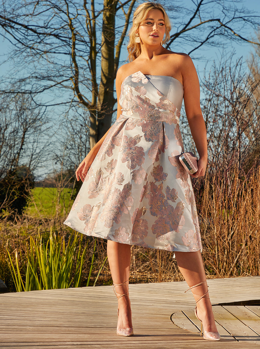 Plus Size Bandeau Floral Jacquard Midi Dress in Silver | Chi Chi London UK