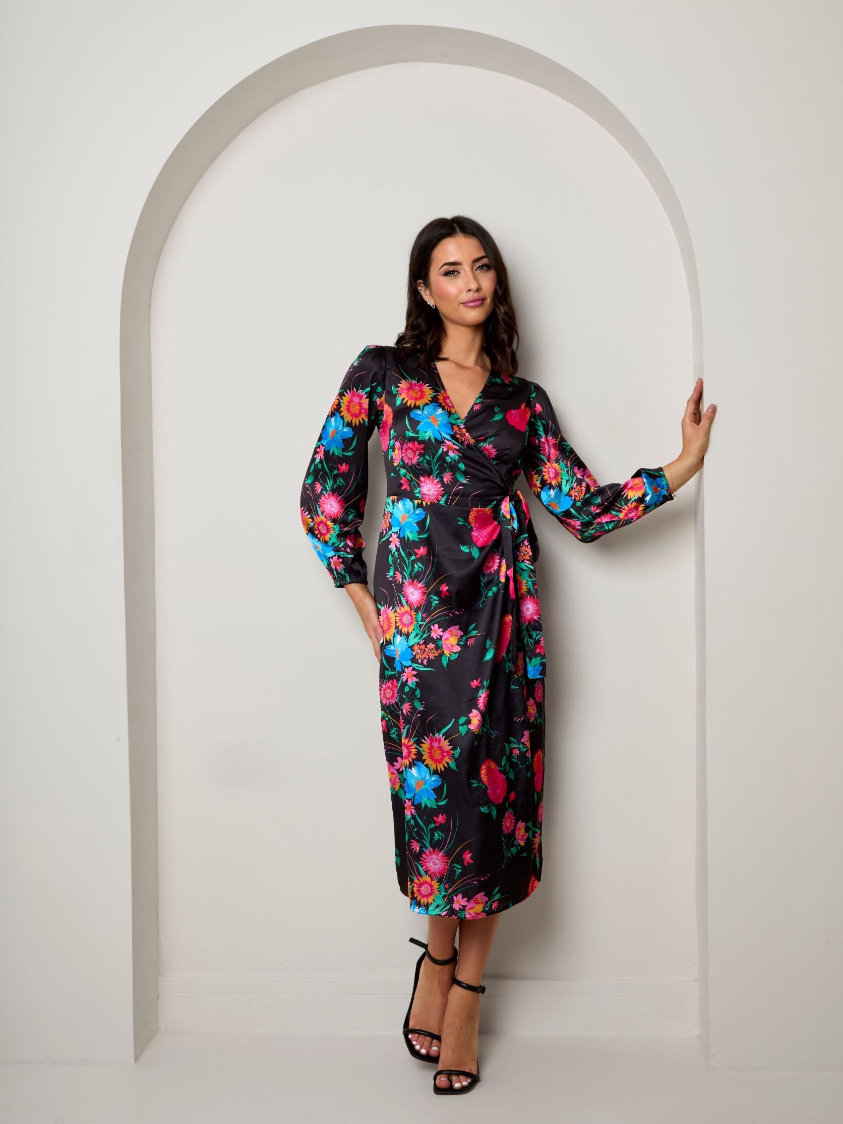 Chi Chi London Women's Long Sleeve Floral Wrap Dress in Black 10