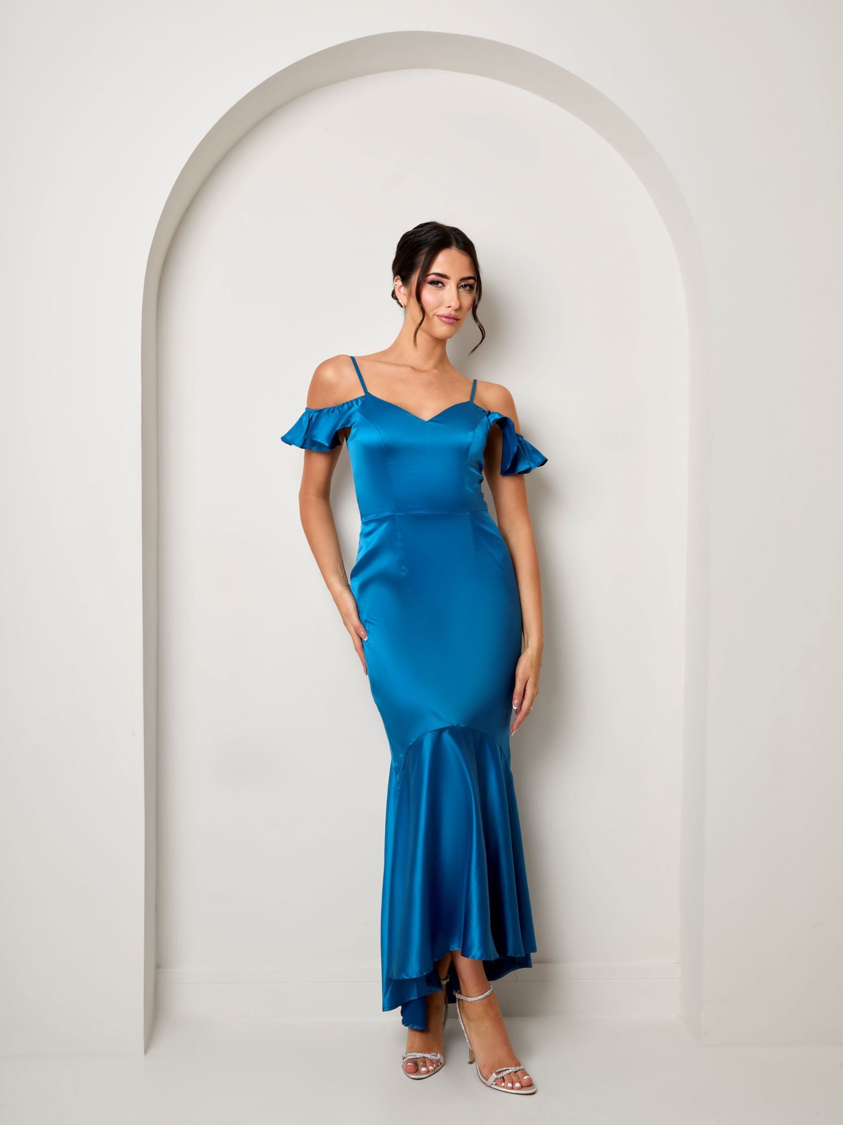 blue dress for baby girl Chi Chi London - Satin Cami Strap Ruffle Detail Bodycon Dress - Teal