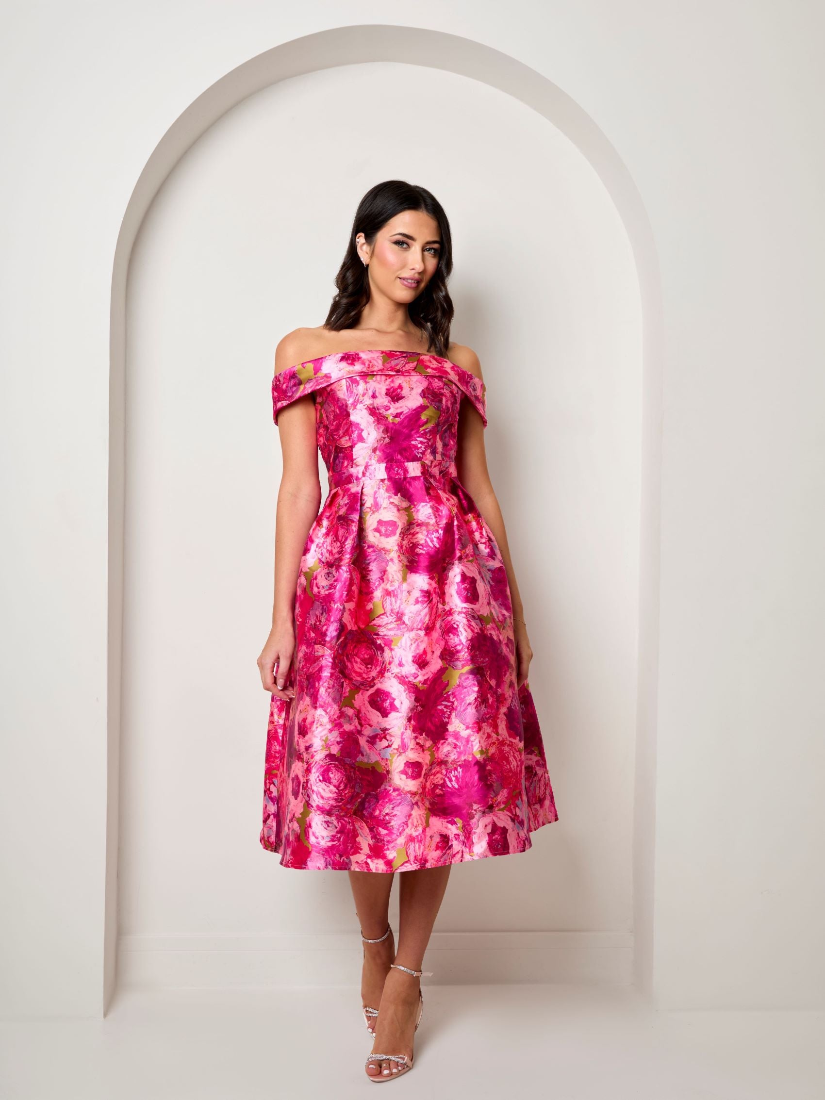 Chi Chi London Women's Bardot Twill Fit & Flare Dress in Pink 6