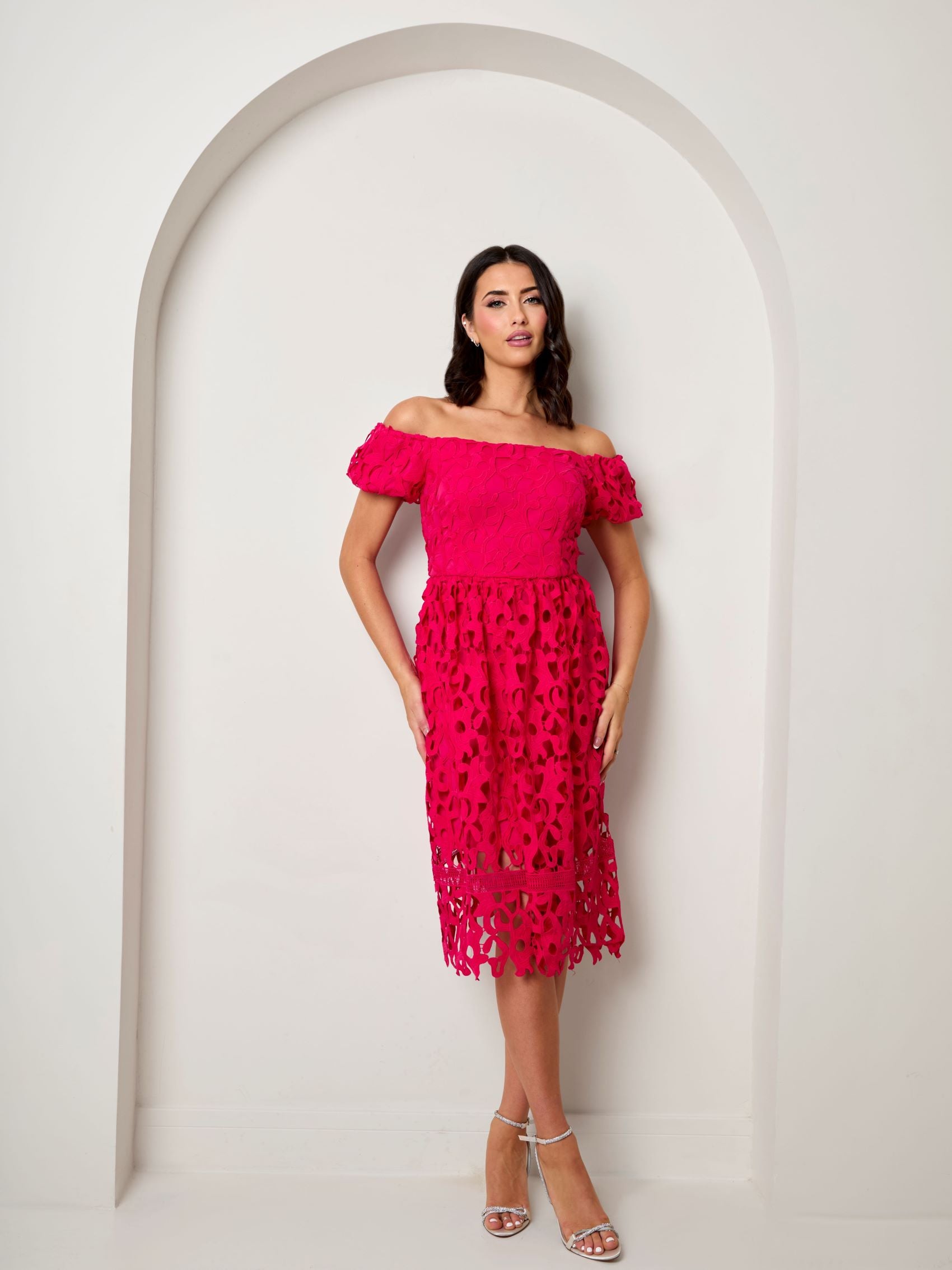 Chi Chi London - Bardot Premium Lace Fit & Flare Midi Dress - Pink Chi Chi London - Bardot Premium Lace Fit & Flare Midi Dress - Pink