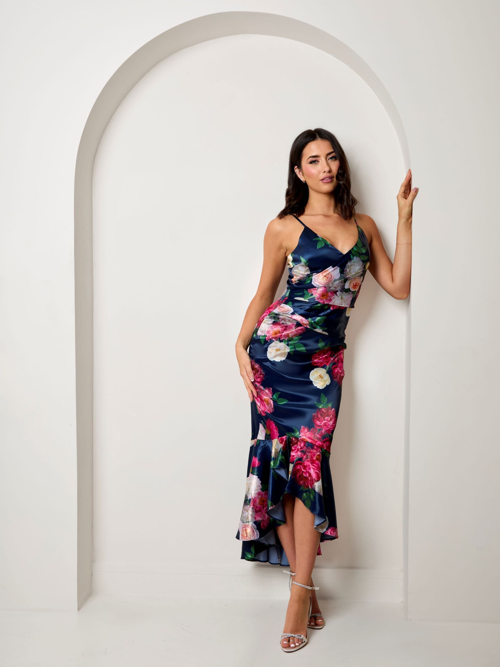 knee length dresses for ladies CurveWow Frill Hem Midi Dress Navy Orange Floral – Curvewow main image 0