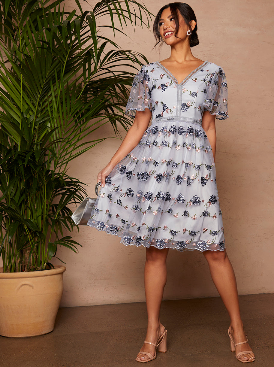 green emerald velvet dress Floral Embroidered Midi Dress in Pink main image 0
