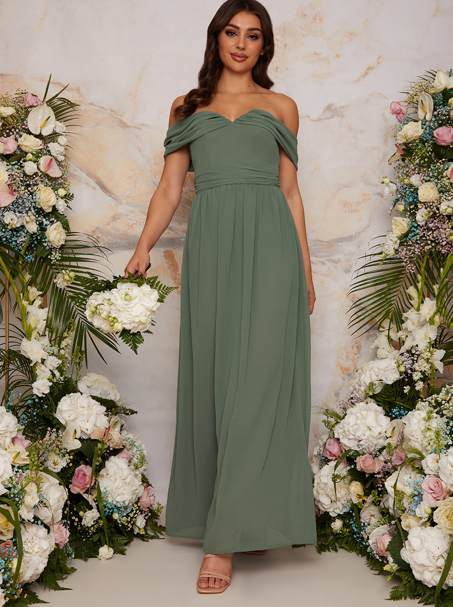 Bardot Draped Chiffon Maxi Dress in Green | Chi Chi London UK Bardot Draped Chiffon Maxi Dress in Green | Chi Chi London UK