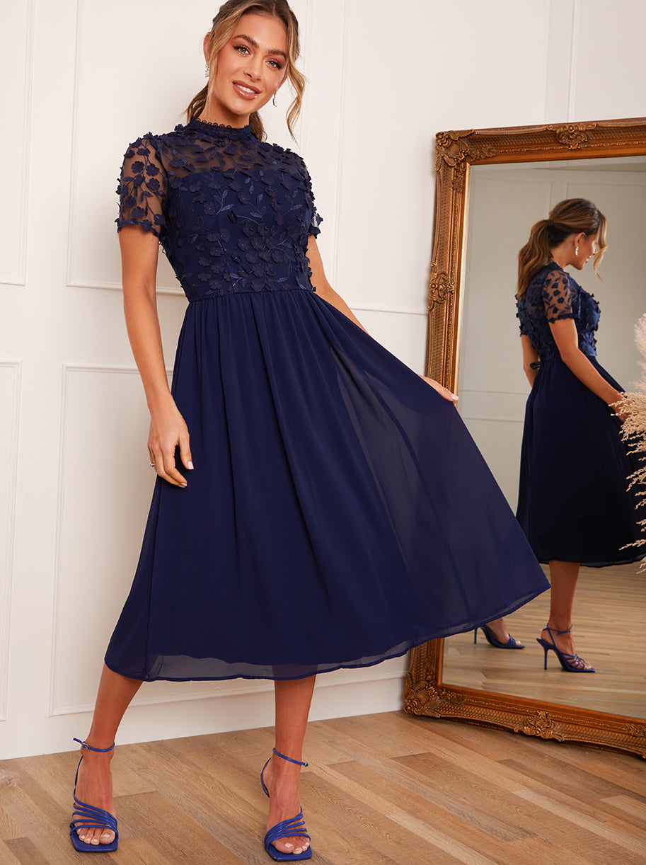 Short Sleeve Floral Embroidered Midi Dress in Navy | Chi Chi London UK Short Sleeve Floral Embroidered Midi Dress in Navy | Chi Chi London UK