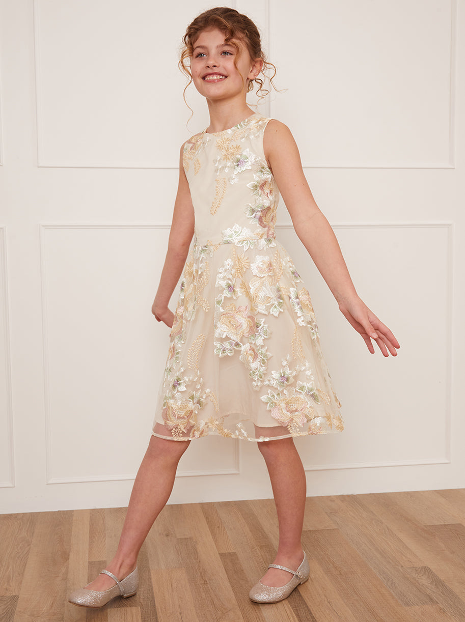 Older Girls Sleeveless Floral Embroidered Midi Dress in Cream