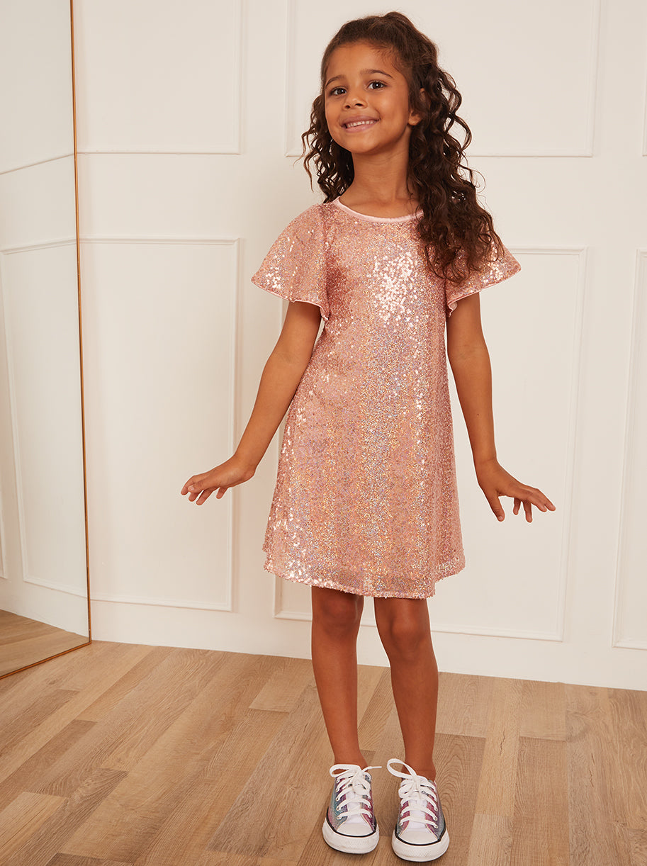 dresses for short girls Younger Girls Short Sleeve Sequin Midi Dress in Pink