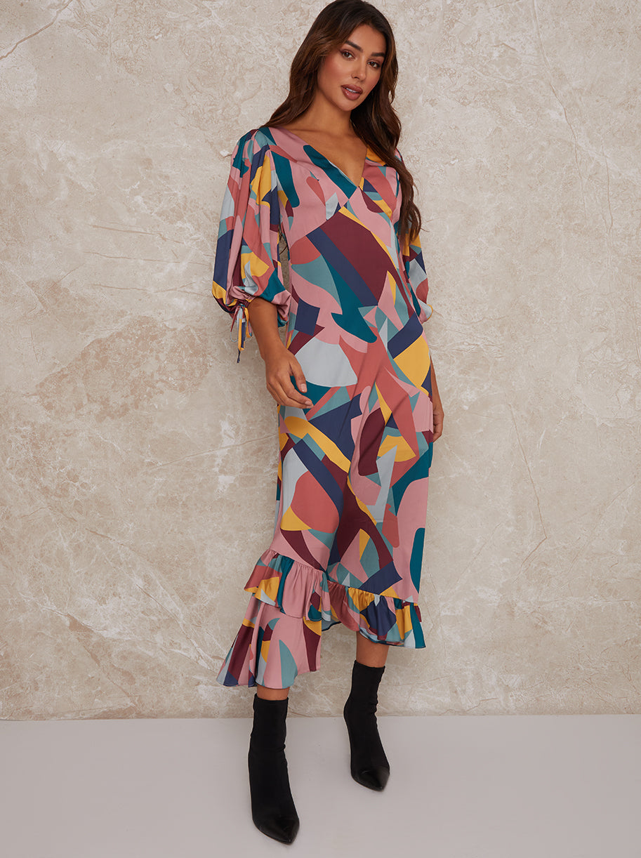 graphic print maxi dress Chi Chi V Neck Puff Sleeve Graphic Print Maxi Dress in Multi, Size 8