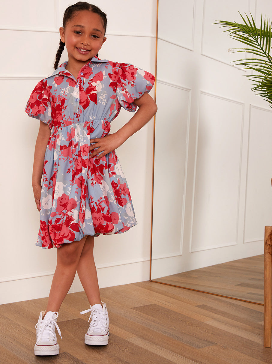 Girls Puff Sleeve Floral Mini Shirt Dress in Blue | Chi Chi London UK