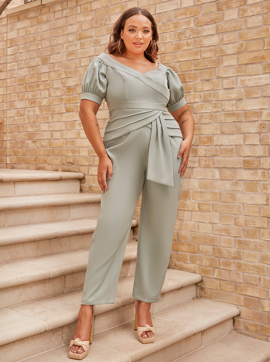 Plus Size Puff Sleeve Bardot Jumpsuit in Green | Chi Chi London UK