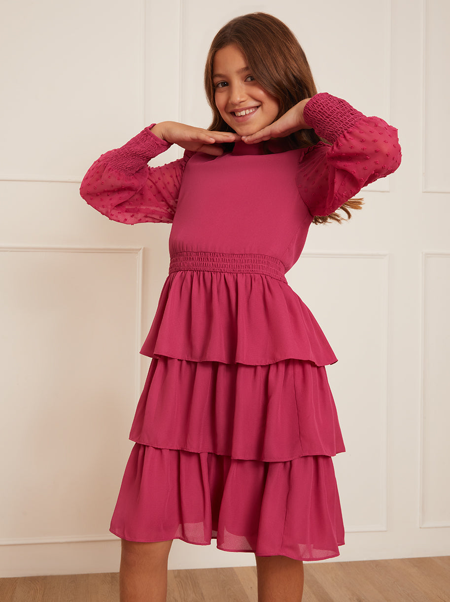 girls midi dress with sleeves Older Girls Long Sleeve Tiered Midi Dress in Pink