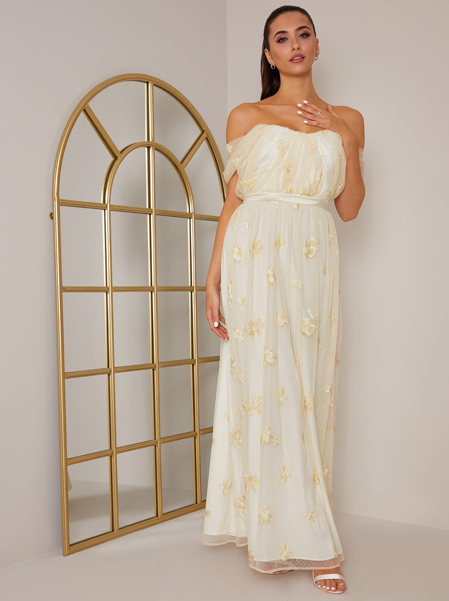 green emerald velvet dress Chi Chi Bardot Embroidered Floral Lace Maxi Dress in Cream, Size 8