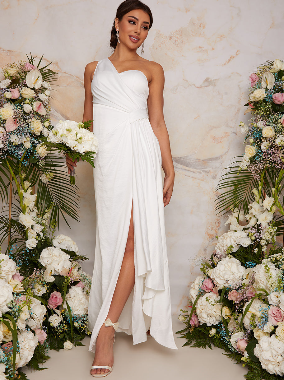 One Shoulder Satin Finish Maxi Dress in White
