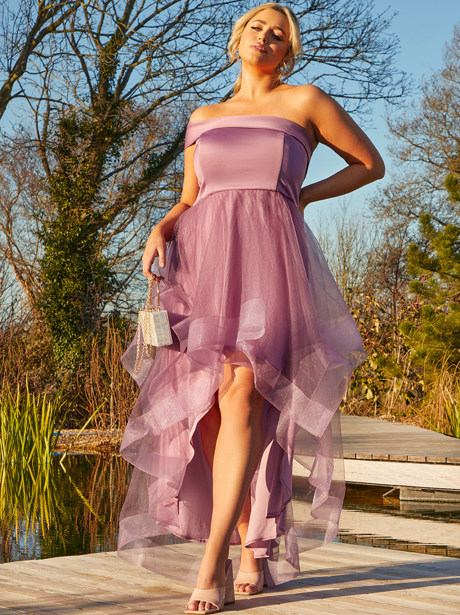 Plus Size One Shoulder Mesh Skirt Dip Hem Dress in Purple