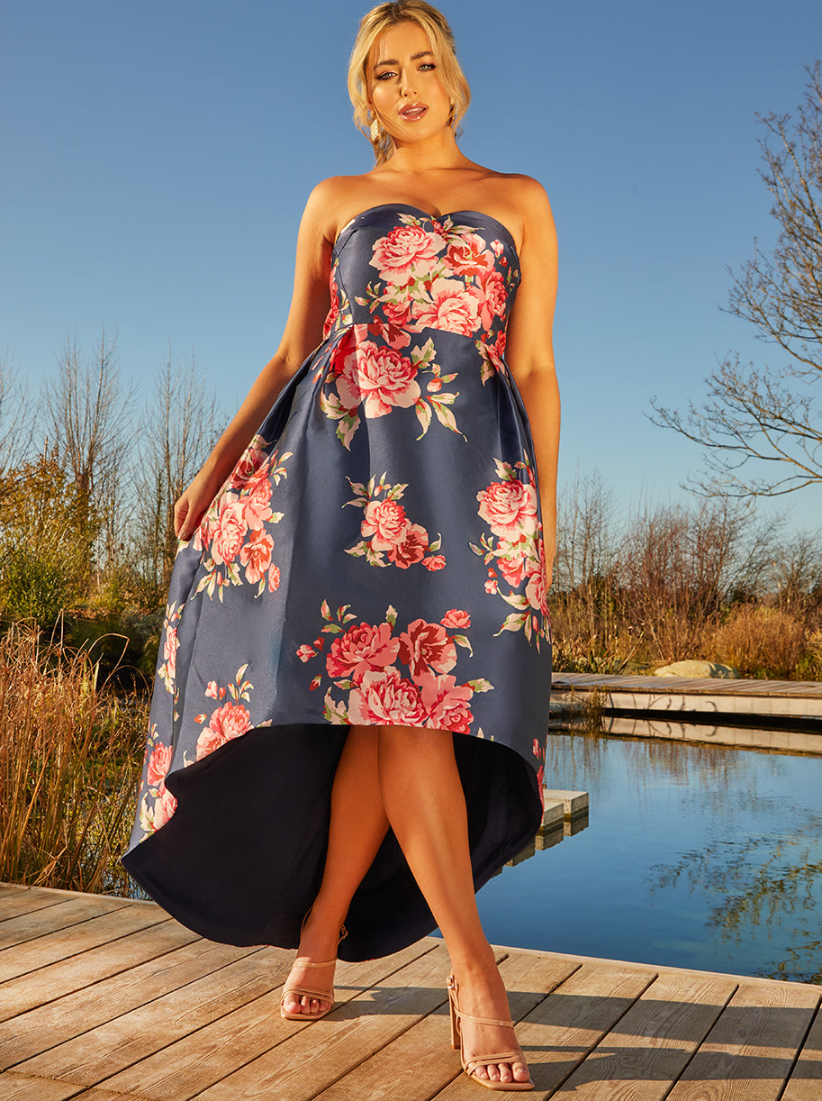 Plus Size Strapless Floral Print Dip Hem Dress in Navy