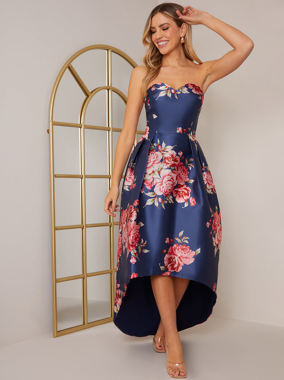 Strapless Floral Print Dip Hem Dress in Navy | Chi Chi London UK Strapless Floral Print Dip Hem Dress in Navy | Chi Chi London UK