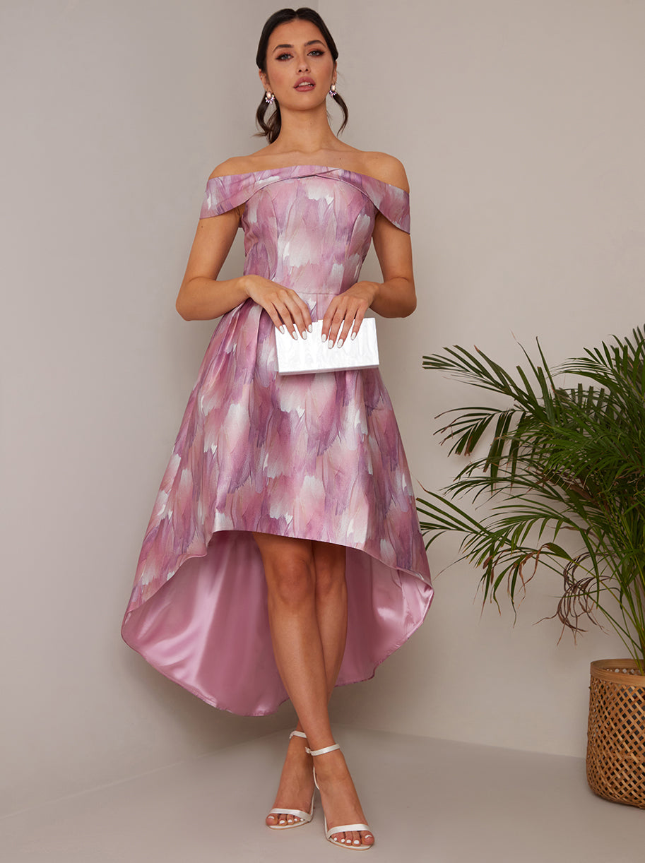 Watercolour Print Bardot Dip Hem Dress in Pink | Chi Chi London UK