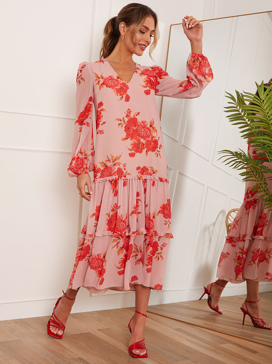 Chi Chi Long Sleeve Floral Printed Midi Dress in Pink, Size 10