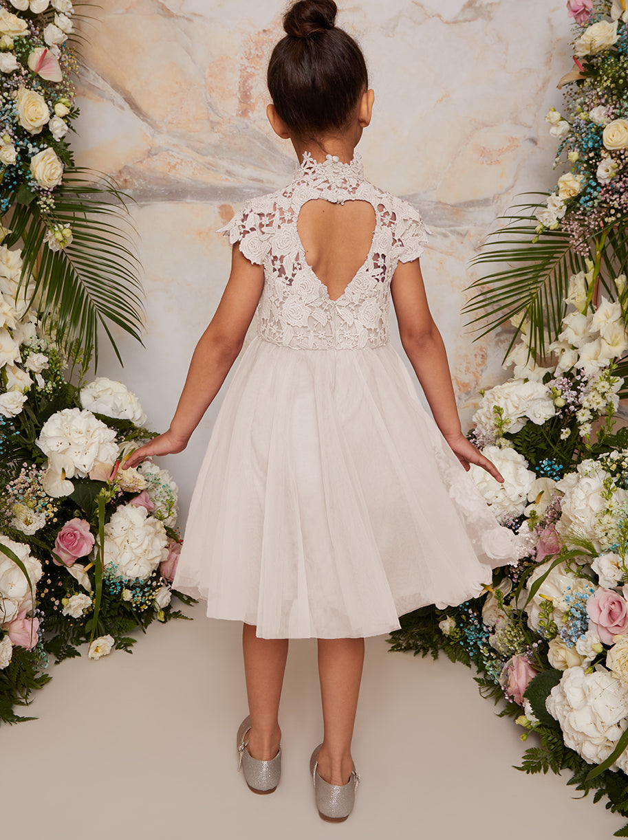 Girls Lace Bodice Cut Out Flower Girl Dress in Champagne
