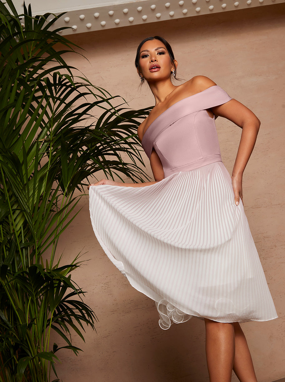 Bardot Ombre Pleated Midi Dress in Pink