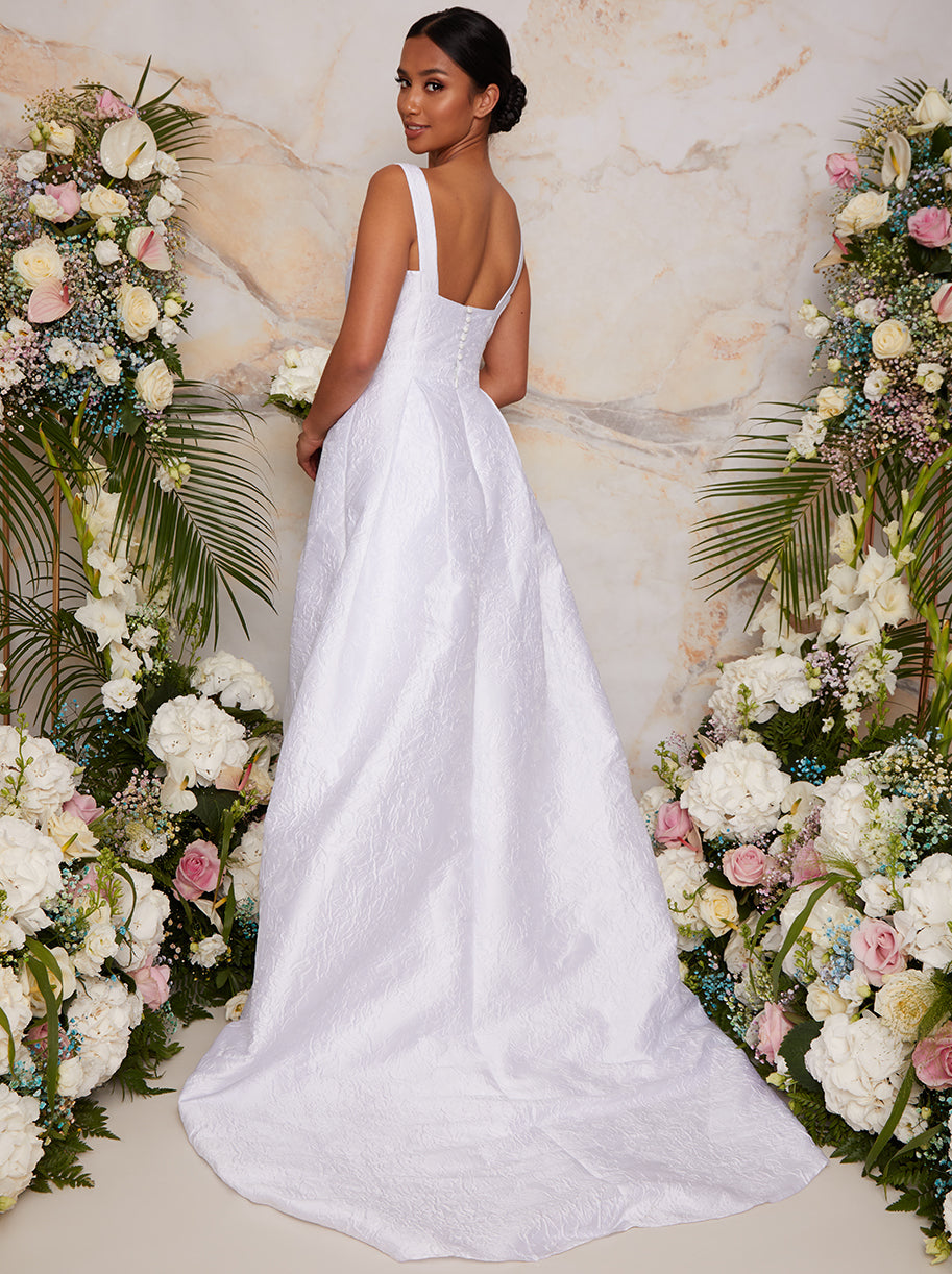Petite Sleeveless Textured Wedding Dress with Train in White 8 Petite Sleeveless Textured Wedding Dress with Train in White 8