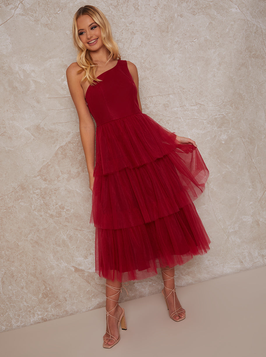 one shoulder tiered midi dress Petite One Shoulder Tulle Tiered Midi Dress in Red