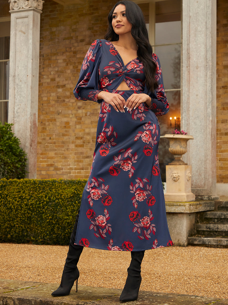 Chi Chi Twist Bodice Floral Maxi Dress in Navy in Blue, Size 6