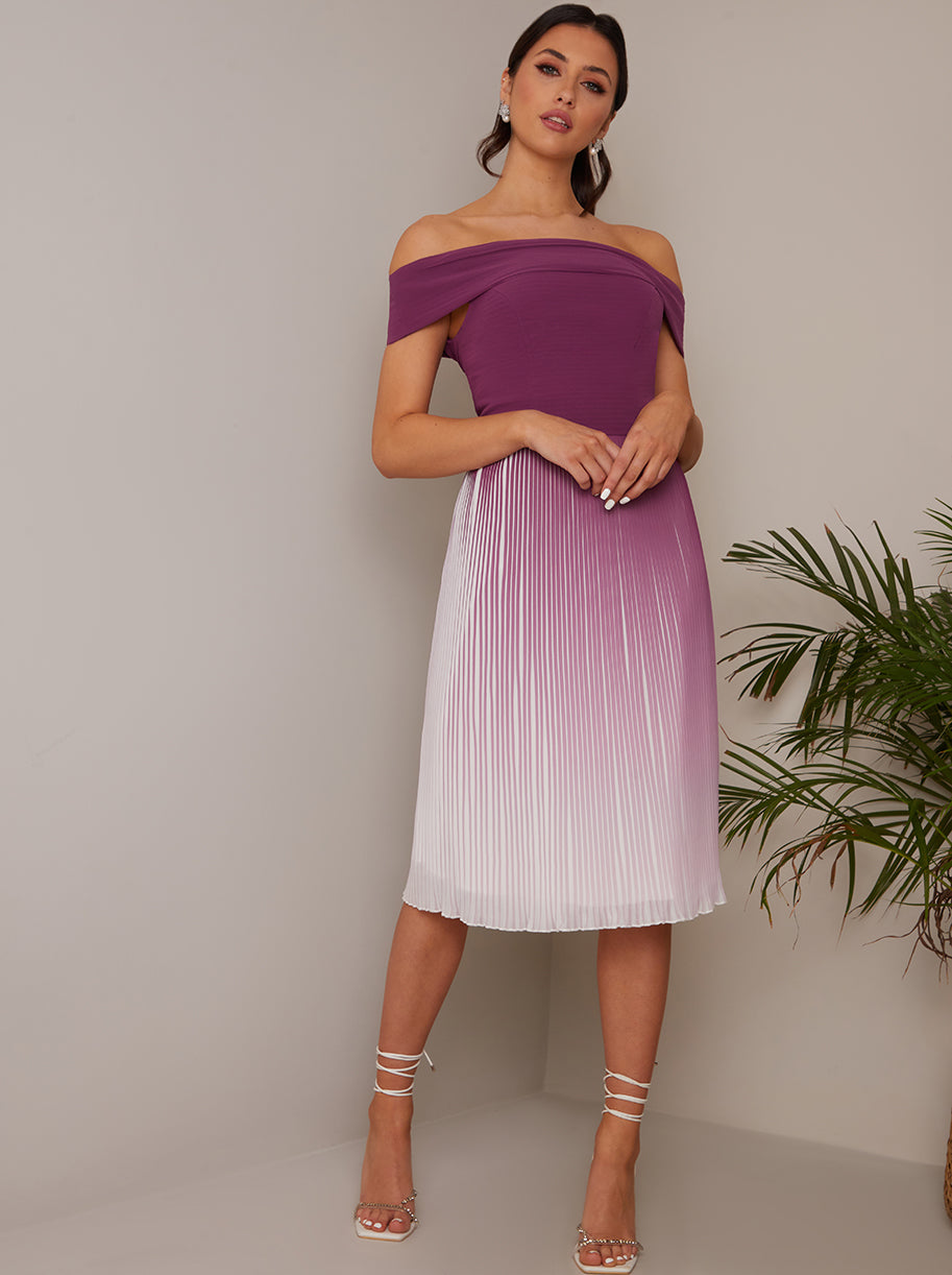 Bardot Ombre Pleated Midi Dress in Purple | Chi Chi London UK Bardot Ombre Pleated Midi Dress in Purple | Chi Chi London UK