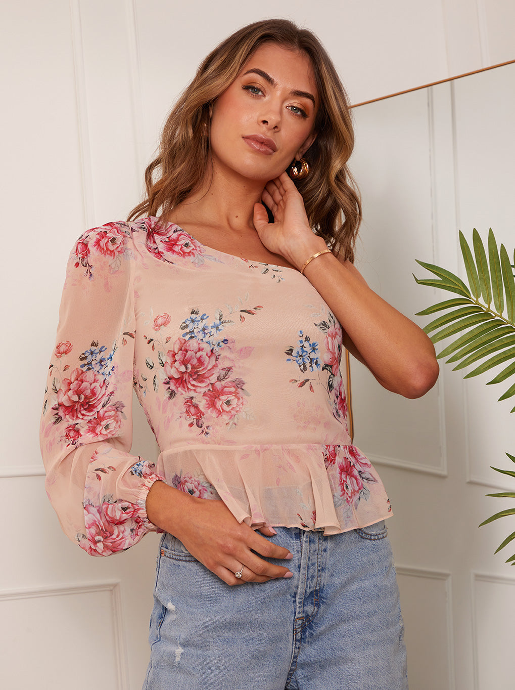 Long Sleeve One-Shoulder Floral Top in Pink | Chi Chi London UK