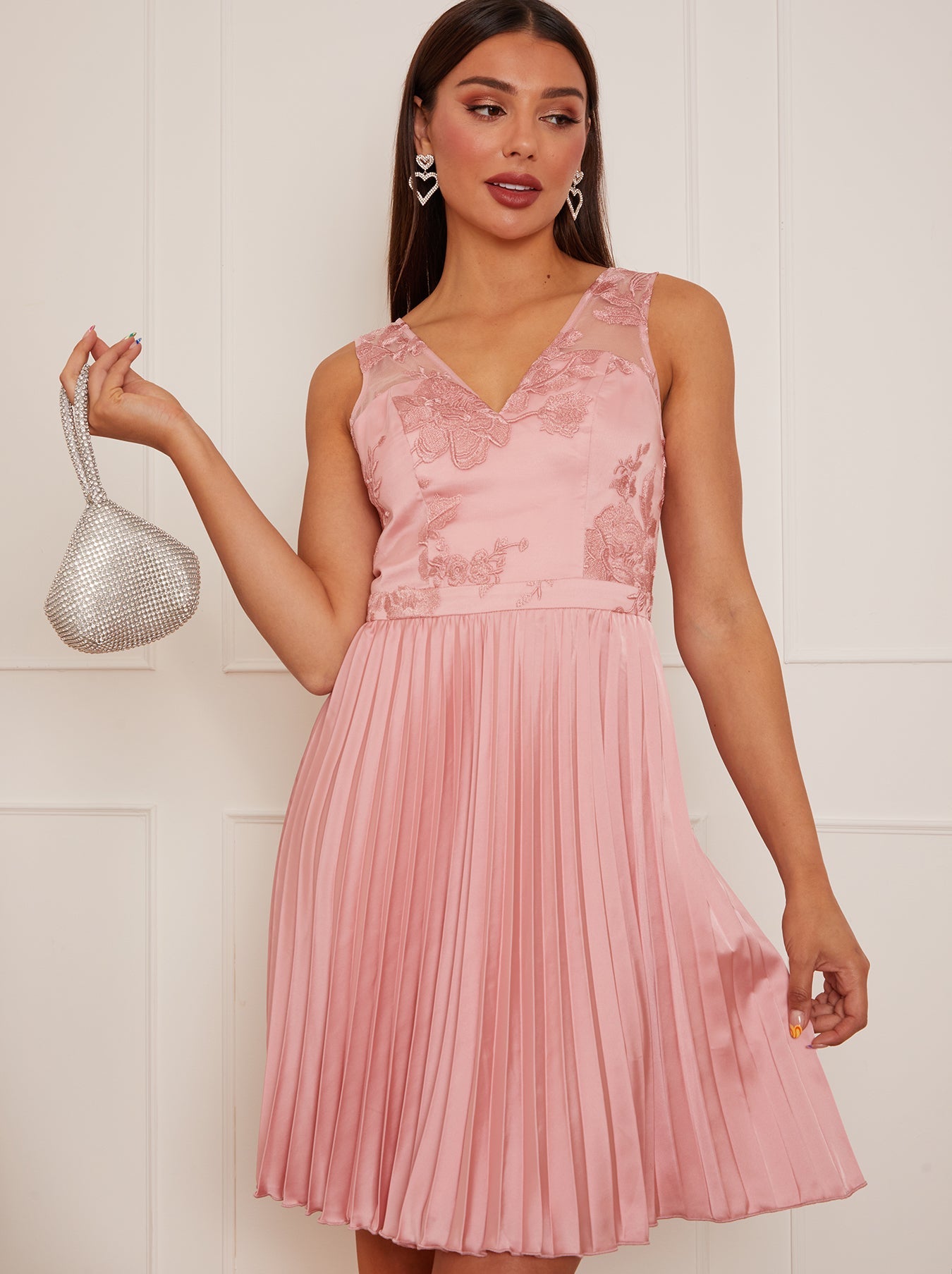 Embroidered Lace Pleated Mini Dress in Pink