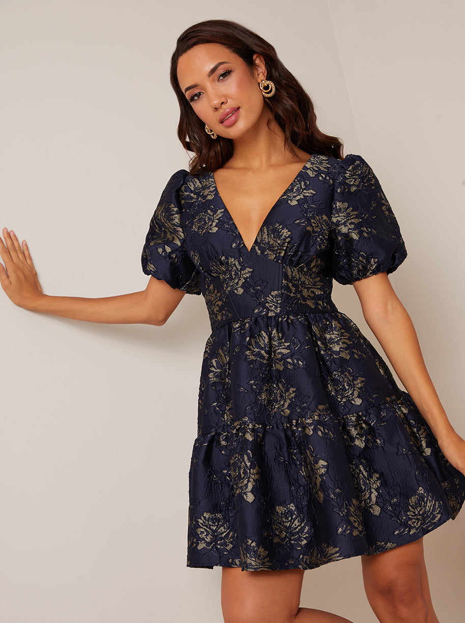 chi chi london jacquard mini dress Puff Sleeve V Neck Jacquard Mini Dress in Navy