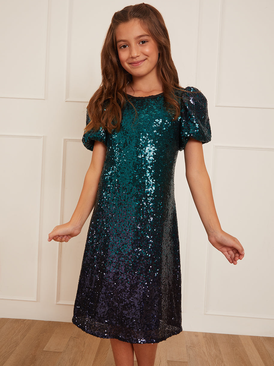 Older Girls Puff Sleeve Sequin Midi Dress in Green | Chi Chi London UK