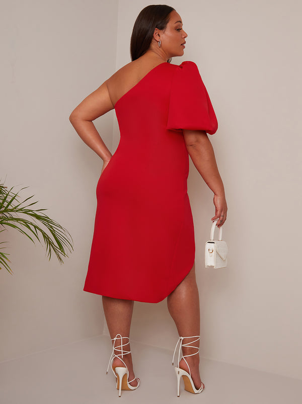 Plus Size One Shoulder Puff Sleeve Bodycon Dress in Red