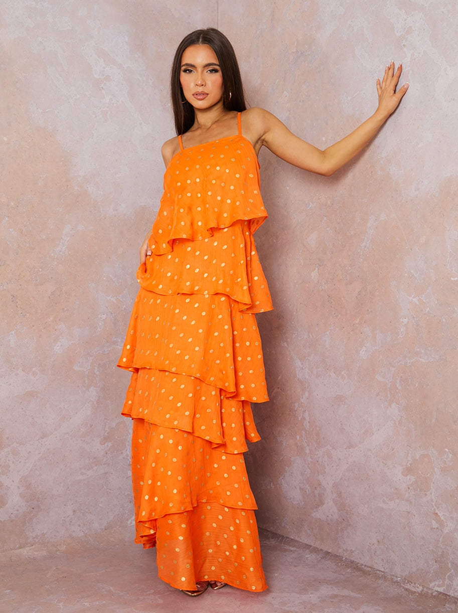 knee length dresses for ladies Chi Chi London Women's Cami Foil Spot Print Tiered Maxi Dress in Orange