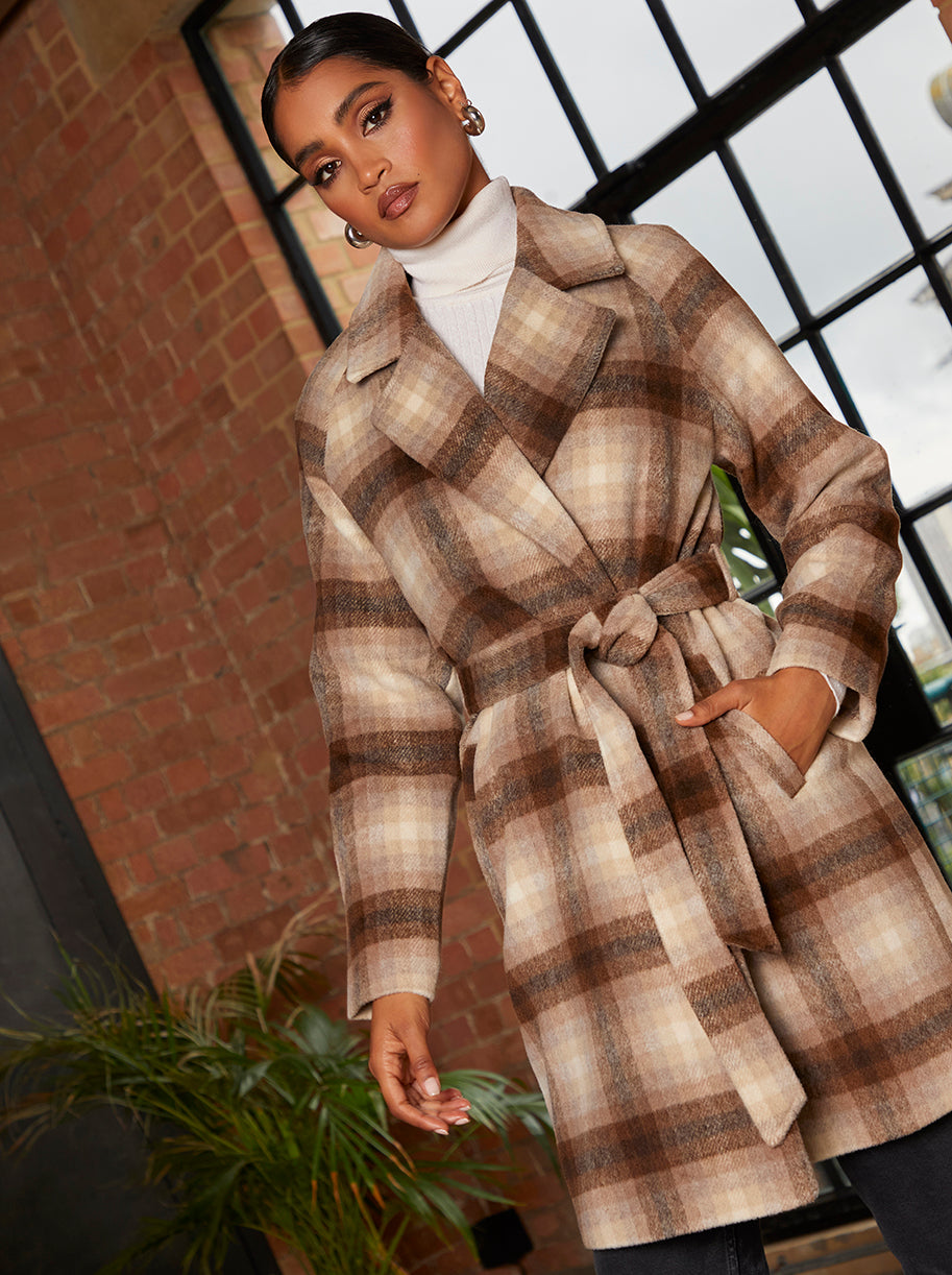 Tie Waist Check Coat in Brown | Chi Chi London UK