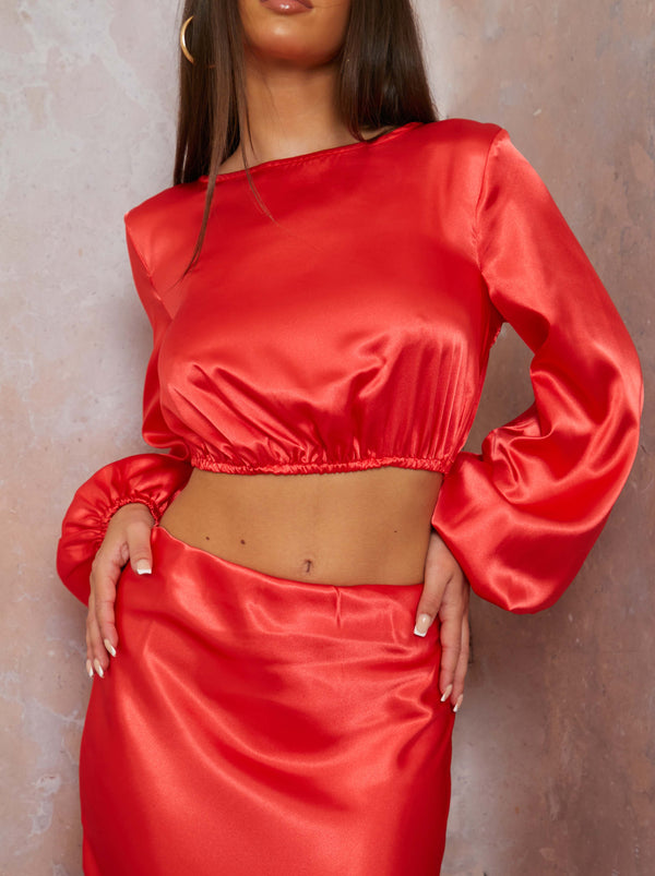 Balloon Sleeve Satin Crop Top in Red