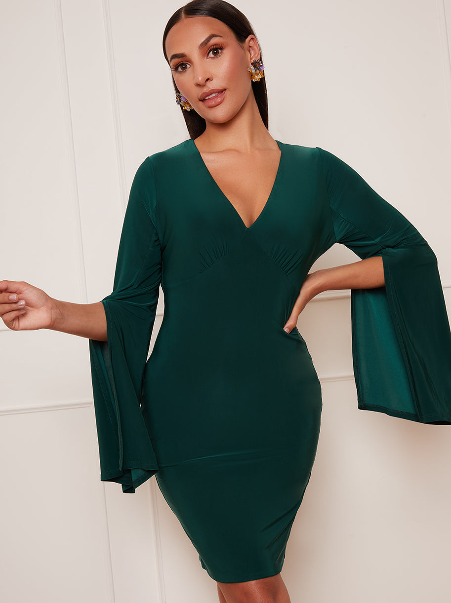 slim fit dress slacks Chi Chi London Women's V Neck Split Sleeve Bodycon Mini Dress Green 8