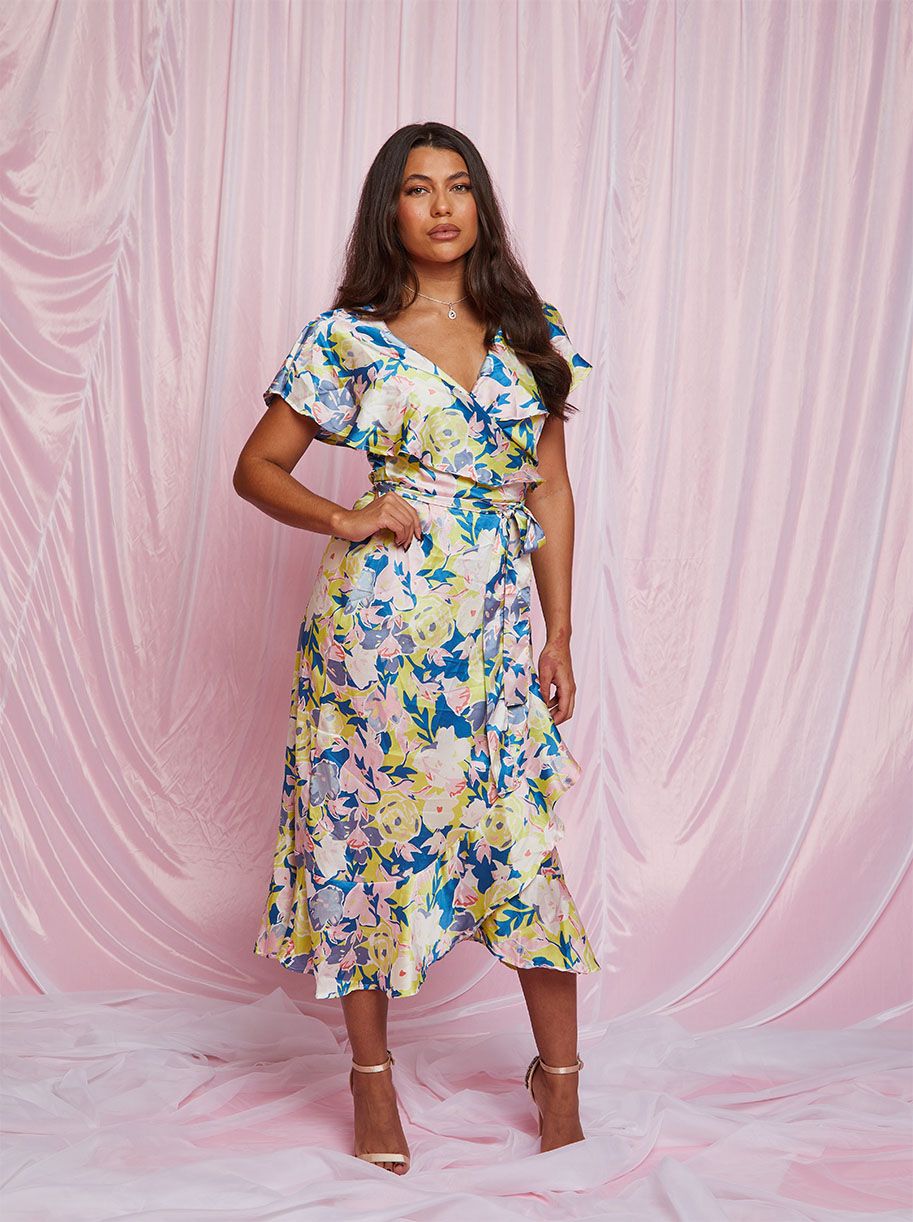 Chi Chi London Women's V Neck Floral Wrap Midi Dress